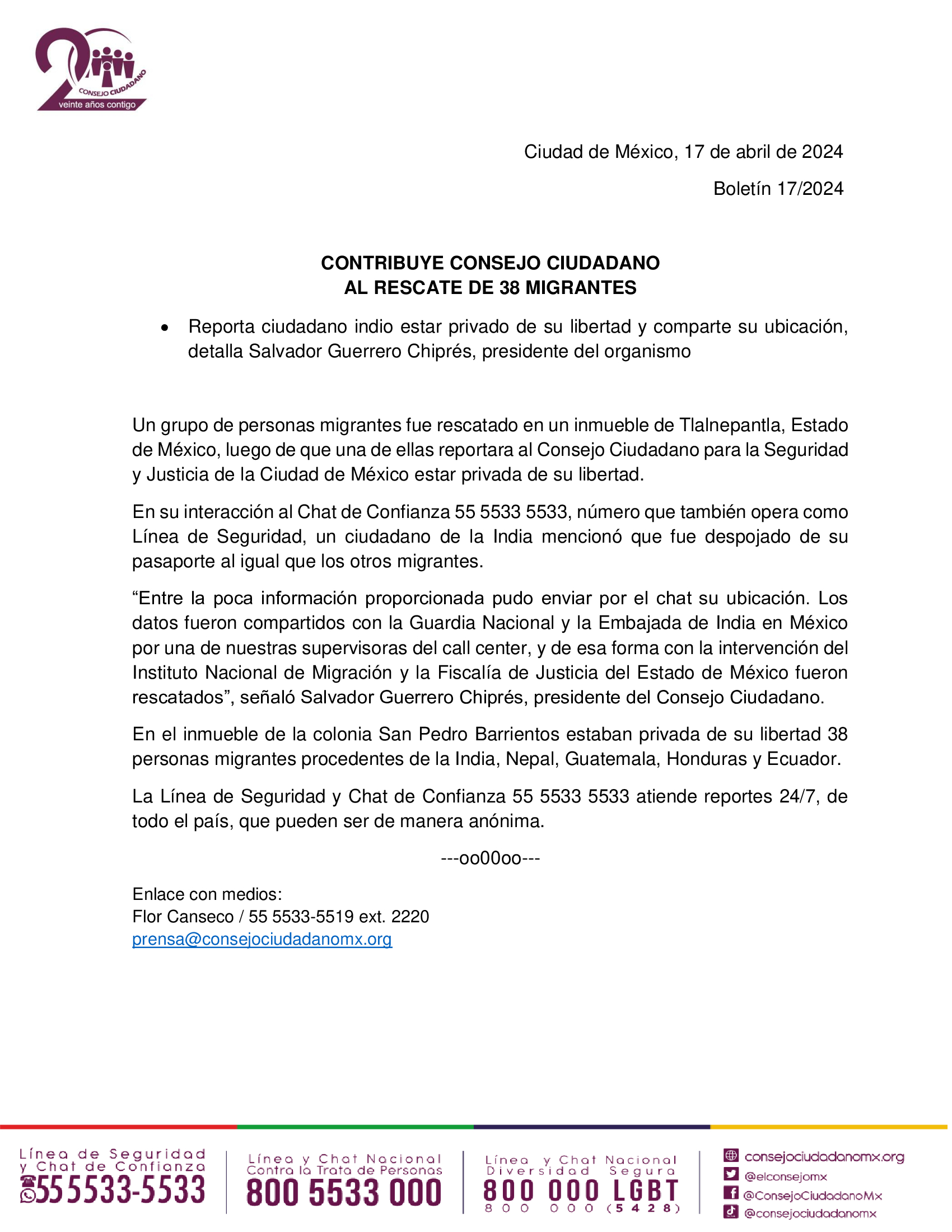 CONTRIBUYE CONSEJO CIUDADANO AL RESCATE DE 38 MIGRANTES